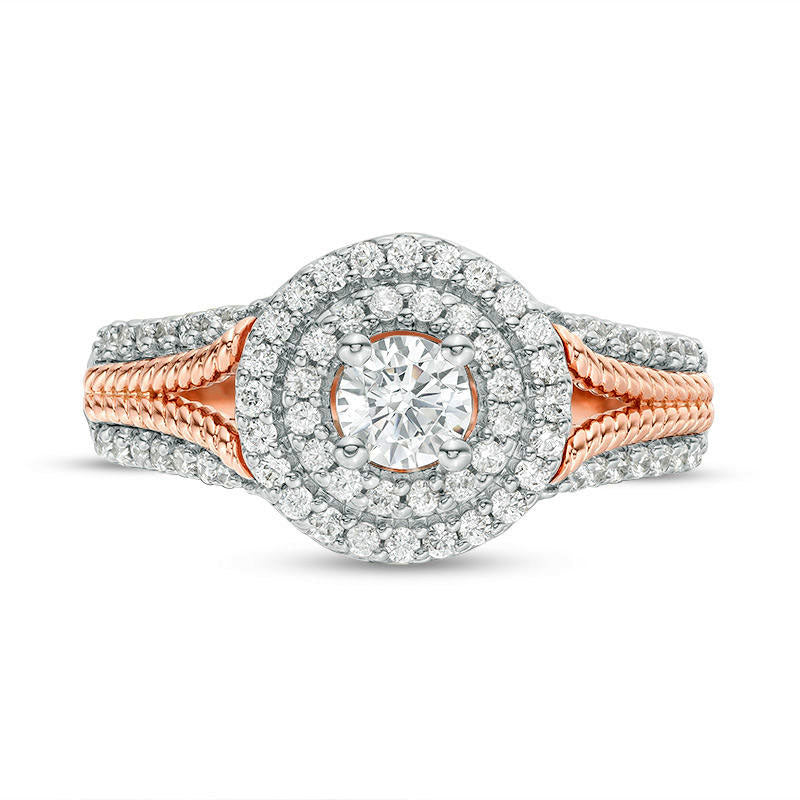 0.75 CT. T.W. Natural Diamond Double Frame Rope Shank Engagement Ring in Solid 14K Rose Gold