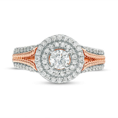 0.75 CT. T.W. Natural Diamond Double Frame Rope Shank Engagement Ring in Solid 14K Rose Gold