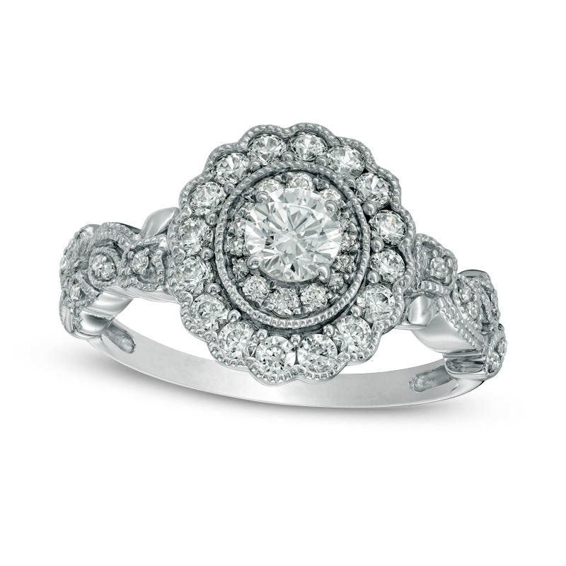 0.63 CT. T.W. Natural Diamond Scallop Frame Leaf Shank Antique Vintage-Style Engagement Ring in Solid 10K White Gold