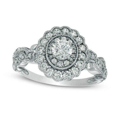 0.63 CT. T.W. Natural Diamond Scallop Frame Leaf Shank Antique Vintage-Style Engagement Ring in Solid 10K White Gold