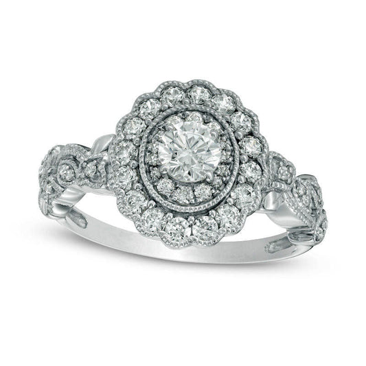 0.63 CT. T.W. Natural Diamond Scallop Frame Leaf Shank Antique Vintage-Style Engagement Ring in Solid 10K White Gold