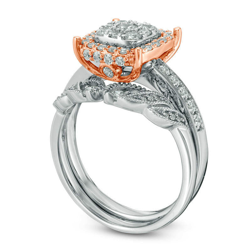 1.0 CT. T.W. Natural Diamond Double Cushion Frame Vine Shank Antique Vintage-Style Bridal Engagement Ring Set in Solid 10K Two-Tone Gold