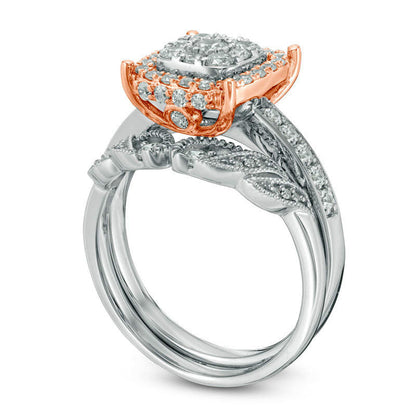 1.0 CT. T.W. Natural Diamond Double Cushion Frame Vine Shank Antique Vintage-Style Bridal Engagement Ring Set in Solid 10K Two-Tone Gold