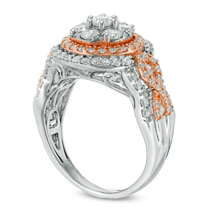 1.25 CT. T.W. Natural Diamond Triple Frame Twist Engagement Ring in Solid 10K Two-Tone Gold