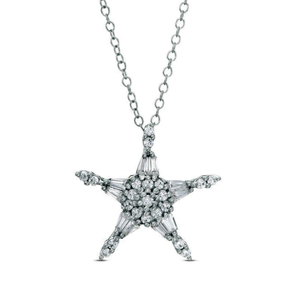 0.5 CT. T.W. Baguette and Round Natural Diamond Star Pendant in 14K White Gold