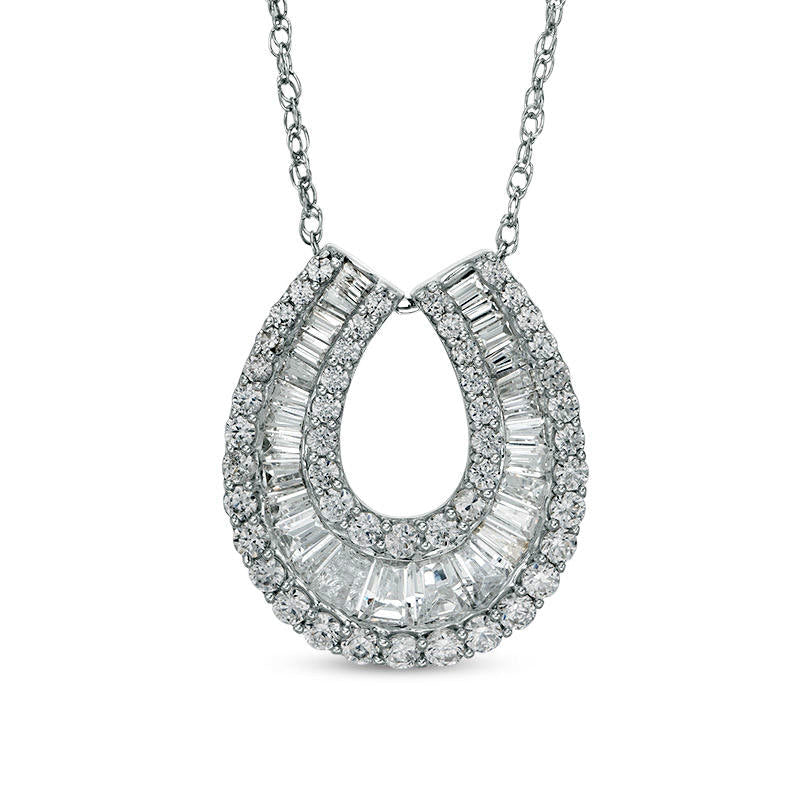 2 CT. T.W. Baguette and Round Natural Diamond Horseshoe Pendant in 14K White Gold