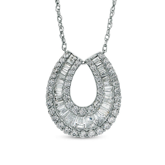 2 CT. T.W. Baguette and Round Natural Diamond Horseshoe Pendant in 14K White Gold