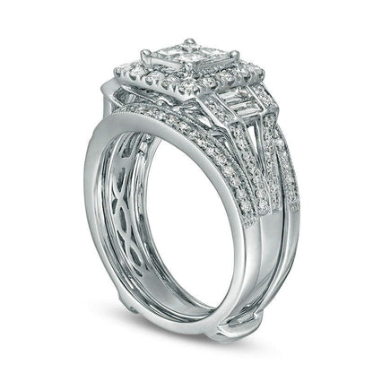 1.5 CT. T.W. Quad Princess-Cut Natural Diamond Frame Antique Vintage-Style Collar Bridal Engagement Ring Set in Solid 10K White Gold