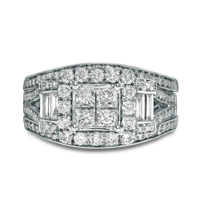 1.5 CT. T.W. Quad Princess-Cut Natural Diamond Frame Antique Vintage-Style Collar Bridal Engagement Ring Set in Solid 10K White Gold