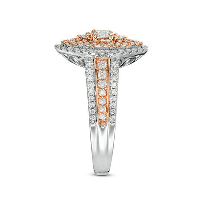 1.0 CT. T.W. Natural Diamond Double Marquise Frame Multi-Row Engagement Ring in Solid 10K Two-Tone Gold