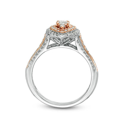 1.0 CT. T.W. Natural Diamond Double Marquise Frame Multi-Row Engagement Ring in Solid 10K Two-Tone Gold