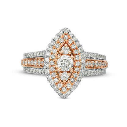 1.0 CT. T.W. Natural Diamond Double Marquise Frame Multi-Row Engagement Ring in Solid 10K Two-Tone Gold