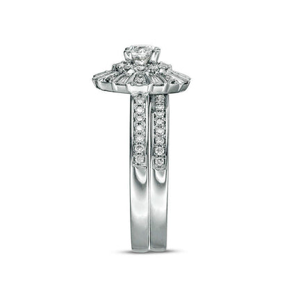 1.0 CT. T.W. Natural Diamond Double Frame Bridal Engagement Ring Set in Solid 10K White Gold