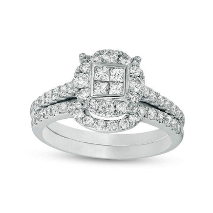 1.0 CT. T.W. Quad Princess-Cut Natural Diamond Frame Bridal Engagement Ring Set in Solid 10K White Gold