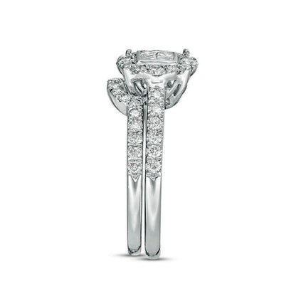 1.0 CT. T.W. Quad Princess-Cut Natural Diamond Frame Bridal Engagement Ring Set in Solid 10K White Gold