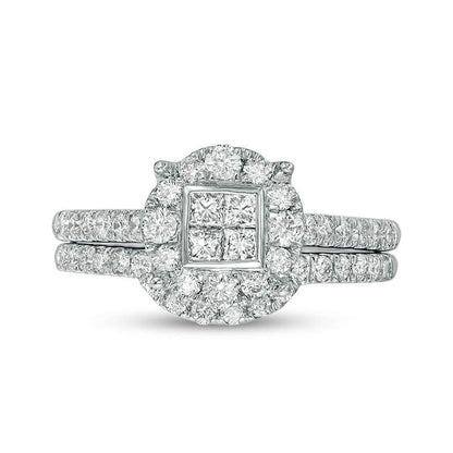 1.0 CT. T.W. Quad Princess-Cut Natural Diamond Frame Bridal Engagement Ring Set in Solid 10K White Gold