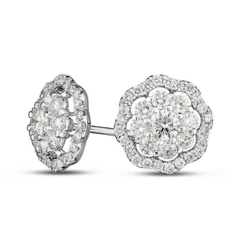 1.2 CT. T.W. Diamond Double Flower Frame Stud Earrings in 14K White Gold