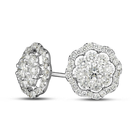 1.2 CT. T.W. Diamond Double Flower Frame Stud Earrings in 14K White Gold