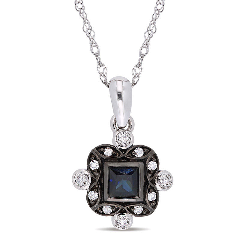 Princess-Cut Blue Sapphire and 0.05 CT. T.W. Natural Diamond Art Deco Drop Pendant in 10K White Gold and Black Rhodium - 17