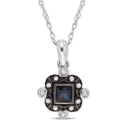 Princess-Cut Blue Sapphire and 0.05 CT. T.W. Natural Diamond Art Deco Drop Pendant in 10K White Gold and Black Rhodium - 17