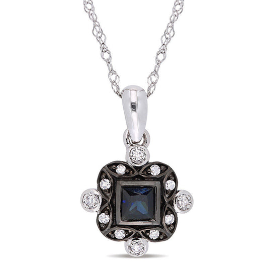 Princess-Cut Blue Sapphire and 0.05 CT. T.W. Natural Diamond Art Deco Drop Pendant in 10K White Gold and Black Rhodium - 17