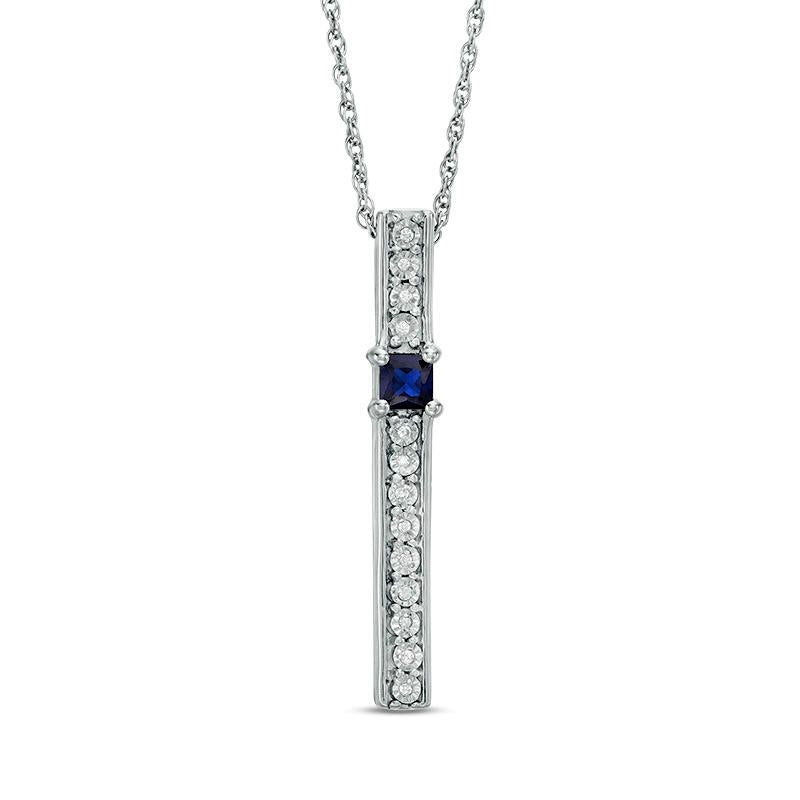3.0mm Princess-Cut Lab-Created Blue Sapphire and Diamond Accent Bar Pendant in Sterling Silver