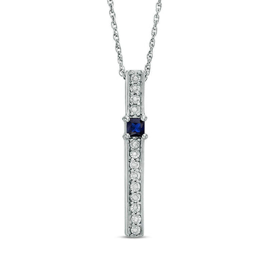 3.0mm Princess-Cut Lab-Created Blue Sapphire and Diamond Accent Bar Pendant in Sterling Silver