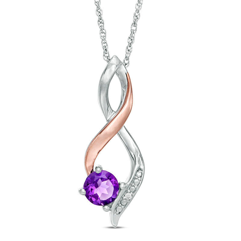 5.0mm Amethyst and Natural Diamond Accent Beaded Infinity Flame Pendant in Sterling Silver and 10K Rose Gold