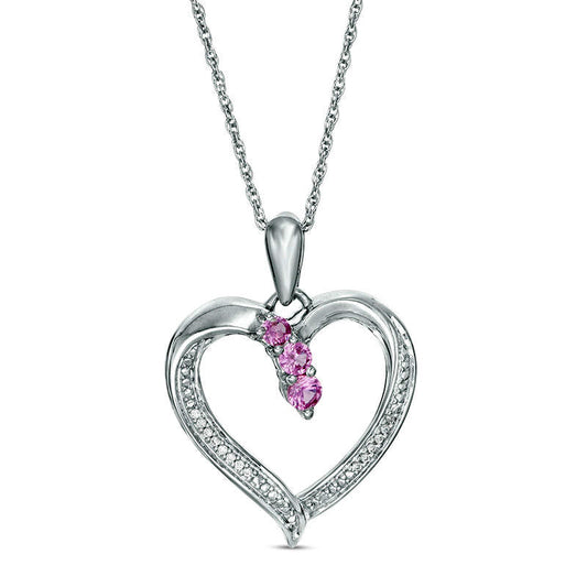 Graduated Lab-Created Pink Sapphire and Diamond Accent Beaded Heart Outline Pendant in Sterling Silver