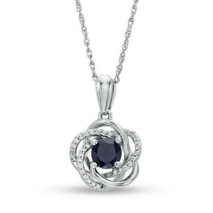 5.0mm Lab-Created Blue Sapphire and 0.1 CT. T.W. Diamond Floral Love Knot Pendant in 10K White Gold