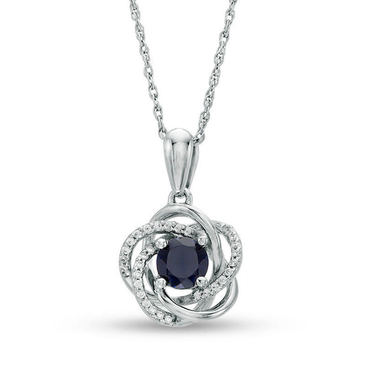 5.0mm Lab-Created Blue Sapphire and 0.1 CT. T.W. Diamond Floral Love Knot Pendant in 10K White Gold