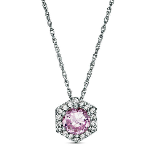 6.0mm Lab-Created Pink and White Sapphire Hexagon Frame Pendant in Sterling Silver