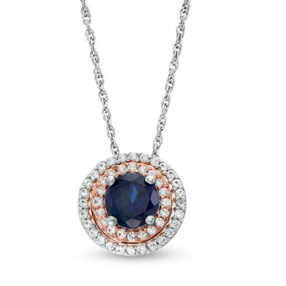 6.0mm Lab-Created Blue and White Sapphire Double Frame Pendant in Sterling Silver and 14K Rose Gold