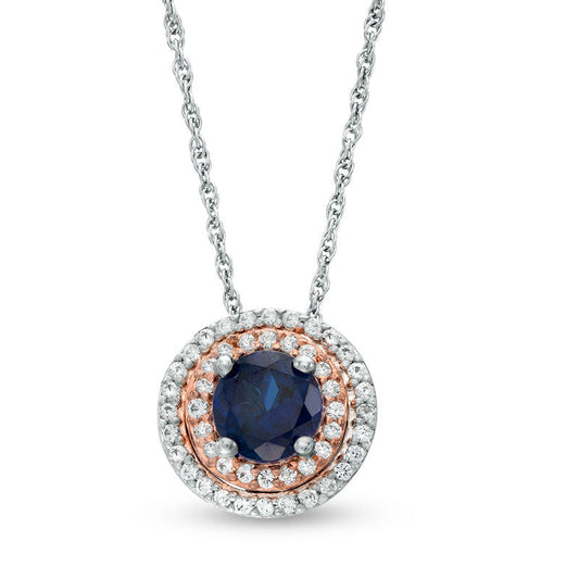 6.0mm Lab-Created Blue and White Sapphire Double Frame Pendant in Sterling Silver and 14K Rose Gold