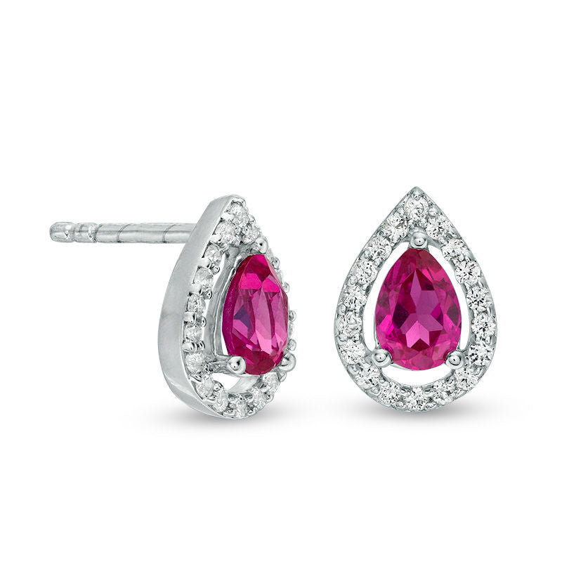 Pear-Shaped Lab-Created Ruby and White Sapphire Frame Drop Earrings in 10K White Gold