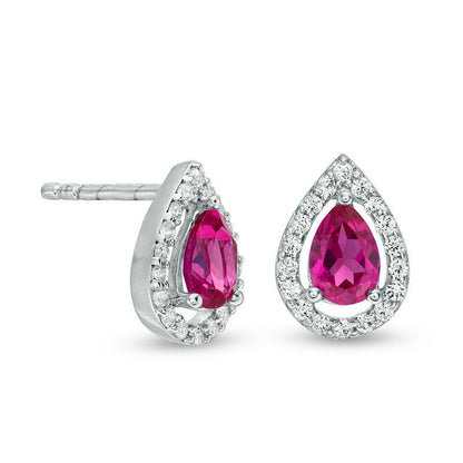 Pear-Shaped Lab-Created Ruby and White Sapphire Frame Drop Earrings in 10K White Gold