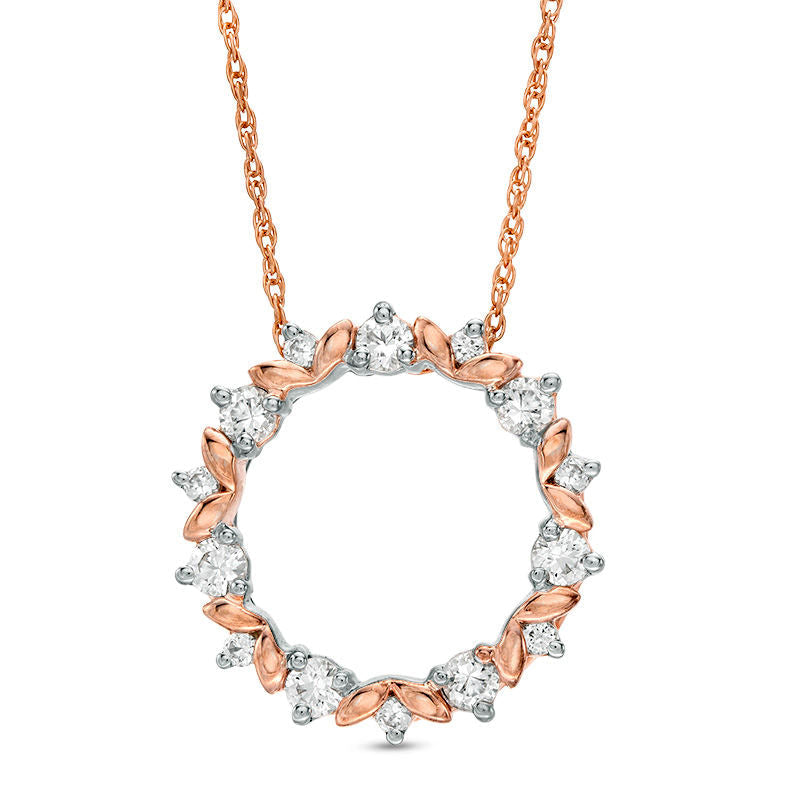 Lab-Created White Sapphire Leaf Motif Circle Pendant in 10K Rose Gold
