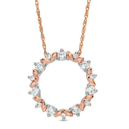 Lab-Created White Sapphire Leaf Motif Circle Pendant in 10K Rose Gold