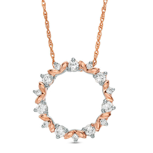 Lab-Created White Sapphire Leaf Motif Circle Pendant in 10K Rose Gold