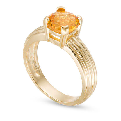 7.0mm Cushion-Cut Citrine Solitaire Ribbed Shank Ring in Solid 10K Yellow Gold