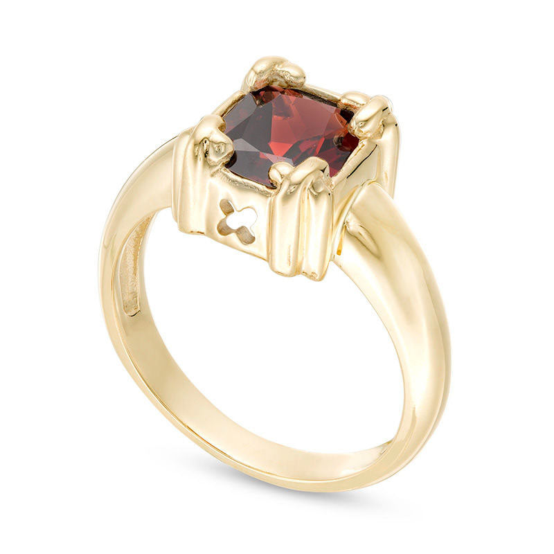 Cushion-Cut Garnet X" Prong Ring in Solid 10K Yellow Gold"