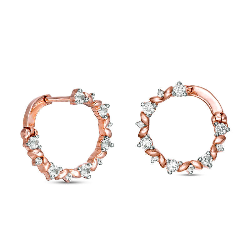 Lab-Created White Sapphire Leaf Motif Circle Hoop Earrings in 10K Rose Gold