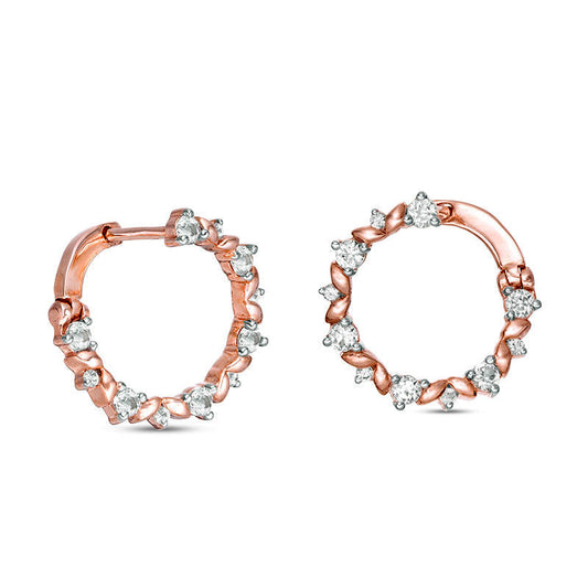Lab-Created White Sapphire Leaf Motif Circle Hoop Earrings in 10K Rose Gold