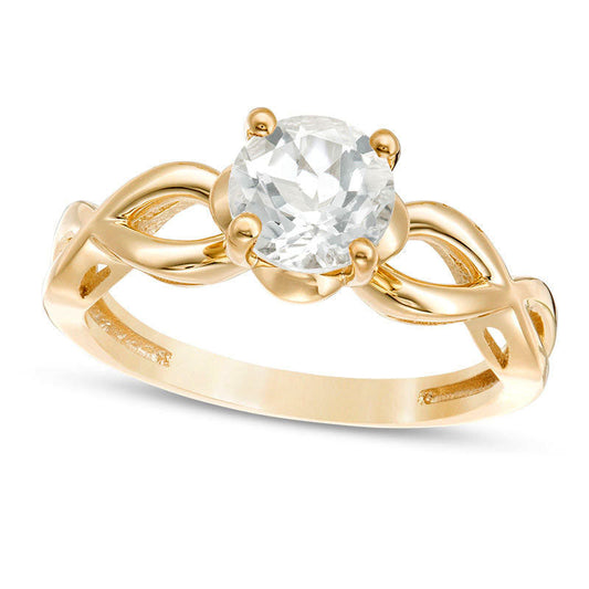 6.5mm White Topaz Solitaire Petal Frame Twist Shank Ring in Solid 10K Yellow Gold