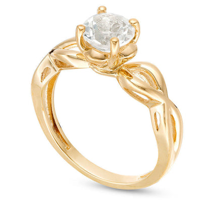 6.5mm White Topaz Solitaire Petal Frame Twist Shank Ring in Solid 10K Yellow Gold