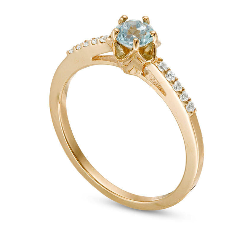 4.5mm Aquamarine and 0.07 CT. T.W. Natural Diamond Flower Ring in Solid 10K Yellow Gold
