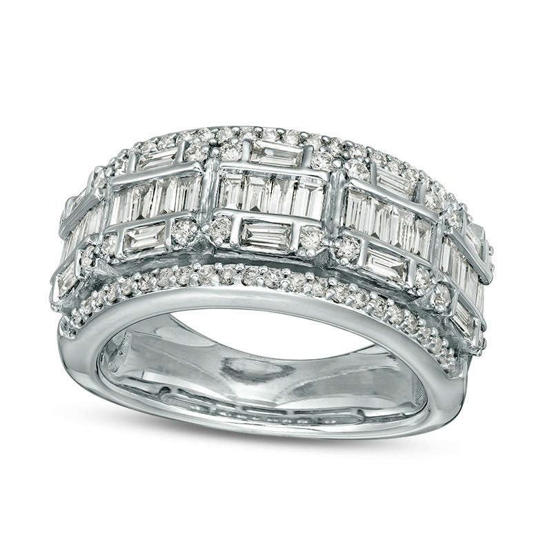 1.0 CT. T.W. Baguette and Round Natural Diamond Multi-Row Band in Solid 10K White Gold