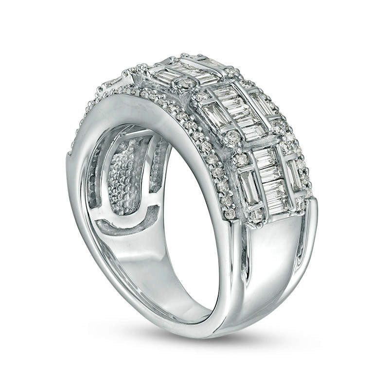 1.0 CT. T.W. Baguette and Round Natural Diamond Multi-Row Band in Solid 10K White Gold