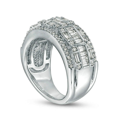 1.0 CT. T.W. Baguette and Round Natural Diamond Multi-Row Band in Solid 10K White Gold