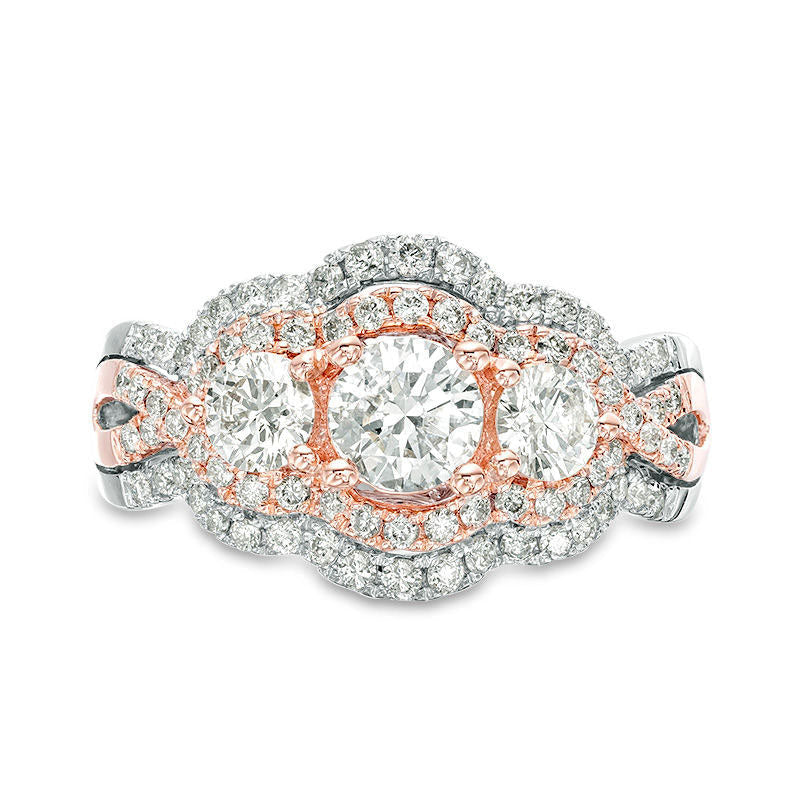 1.5 CT. T.W. Natural Diamond Three Stone Scallop Bypass Twist Engagement Ring in Solid 10K Two-Tone Gold